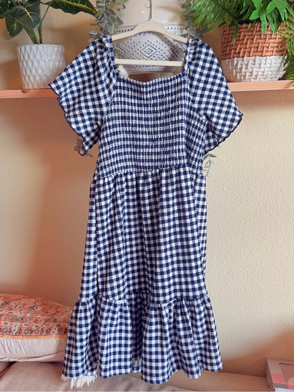 Zara Girls' Blue and White Gingham Smocked Dress